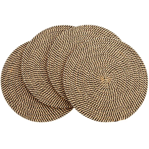 Set of 4 Round Jute Placemats for Table, Woven Charger Mats for Plates (Blue and Tan Pattern, 13 in)